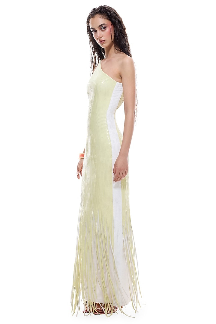 Lime Jersey & Faux Leather Bodycon One-Shoulder Engagement Gown by Sameer Madan at Pernia's Pop Up Shop
