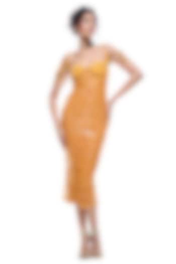 Orange Faux Leather & Jersey Bodycon Cocktail Dress by Sameer Madan at Pernia's Pop Up Shop