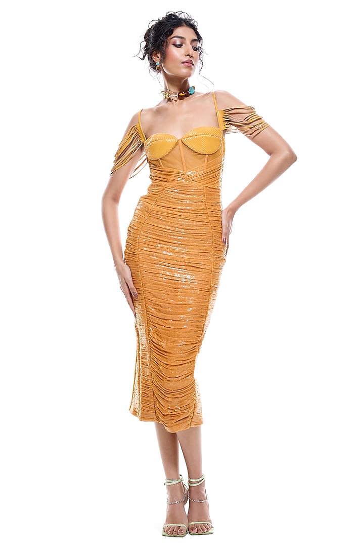 Orange Faux Leather & Jersey Bodycon Cocktail Dress by Sameer Madan at Pernia's Pop Up Shop