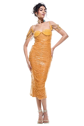 Orange Faux Leather & Jersey Bodycon Dress by Sameer Madan