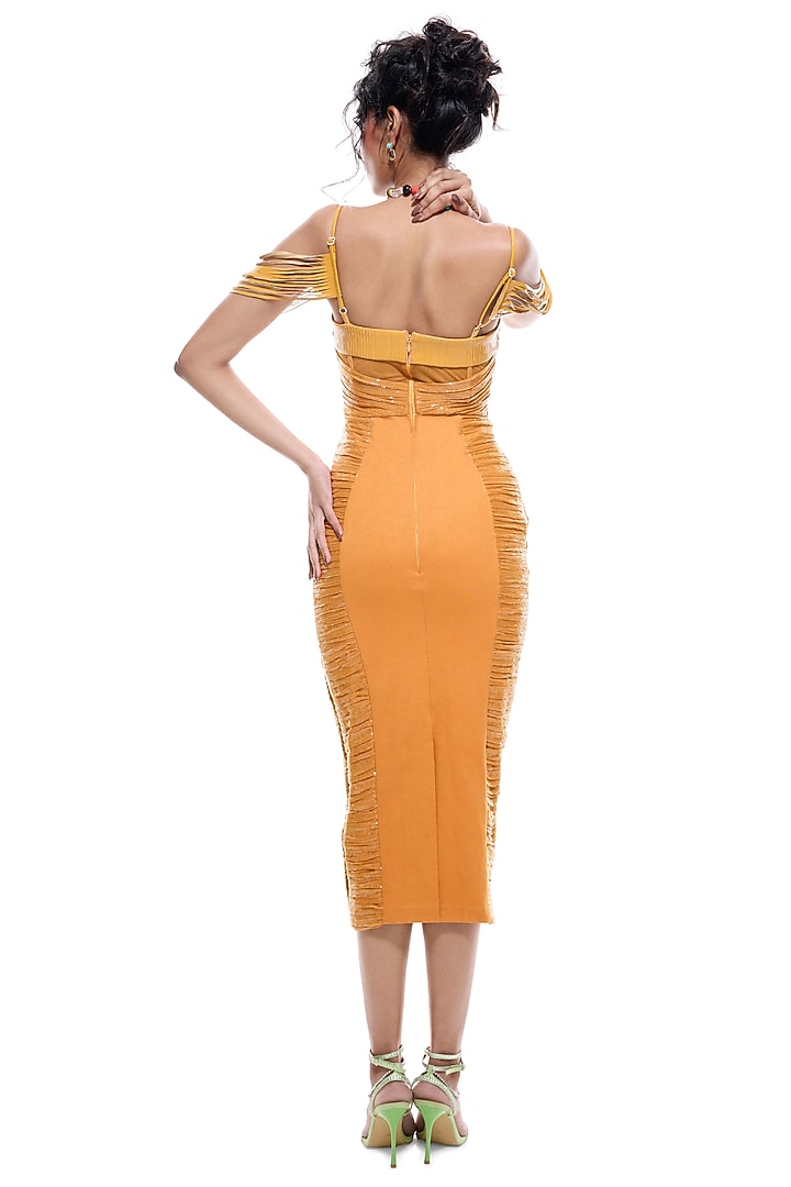 Orange Faux Leather & Jersey Bodycon Cocktail Dress by Sameer Madan at Pernia's Pop Up Shop