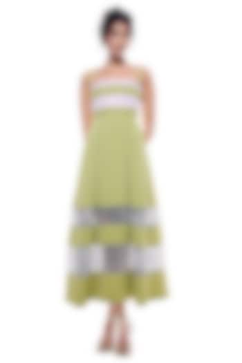 Lime Faux Leather & Crochet Mesh Box-Pleated Cocktail Dress by Sameer Madan at Pernia's Pop Up Shop