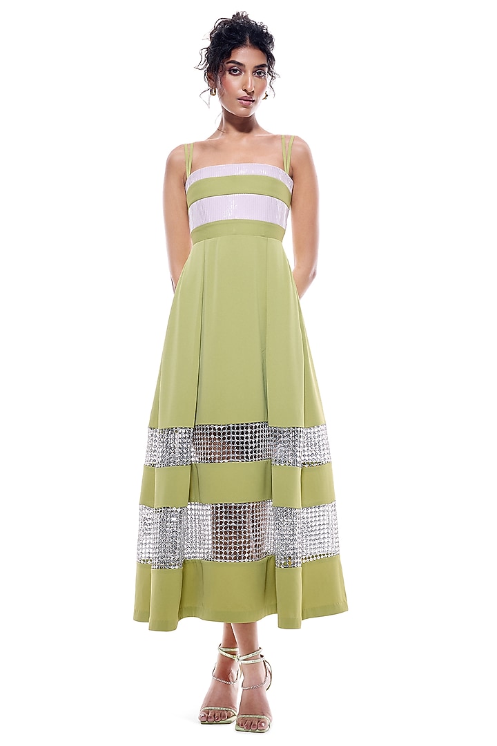 Lime Faux Leather & Crochet Mesh Box-Pleated Cocktail Dress by Sameer Madan at Pernia's Pop Up Shop
