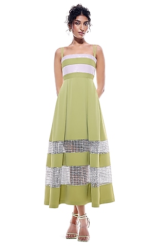 Lime Faux Leather & Crochet Mesh Box-Pleated Dress by Sameer Madan