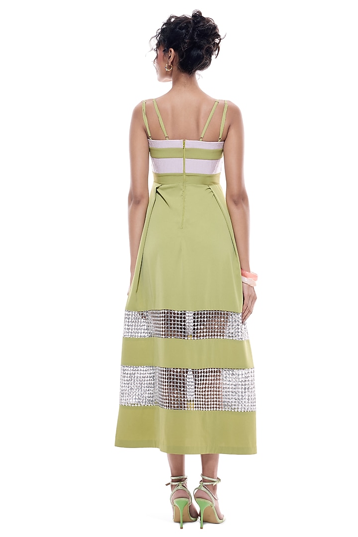 Lime Faux Leather & Crochet Mesh Box-Pleated Cocktail Dress by Sameer Madan at Pernia's Pop Up Shop