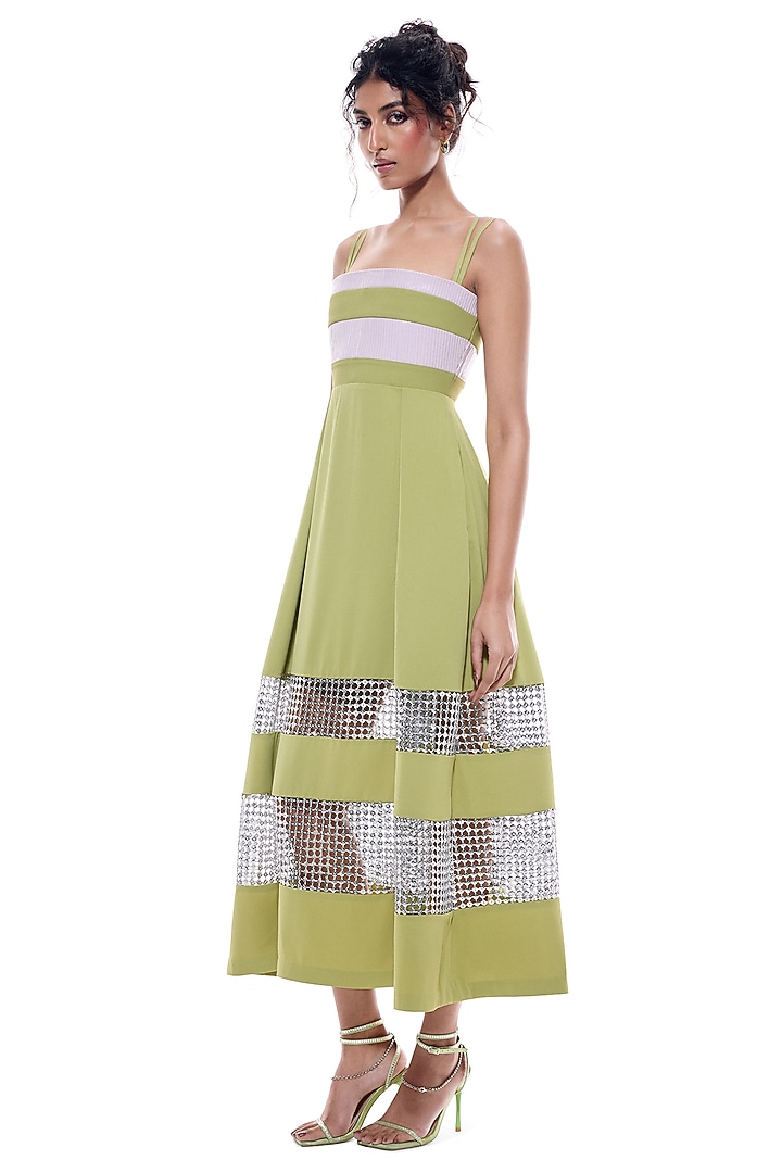 Lime Faux Leather & Crochet Mesh Box-Pleated Cocktail Dress by Sameer Madan at Pernia's Pop Up Shop