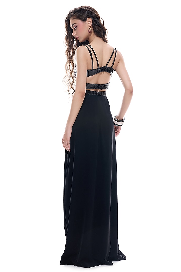 Black Crepe & Faux Leather Engagement Gown by Sameer Madan at Pernia's Pop Up Shop