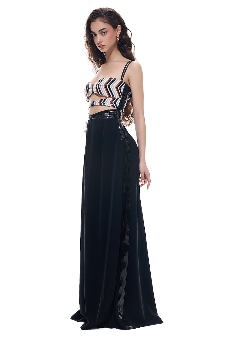 Black Crepe & Faux Leather Engagement Gown by Sameer Madan at Pernia's Pop Up Shop