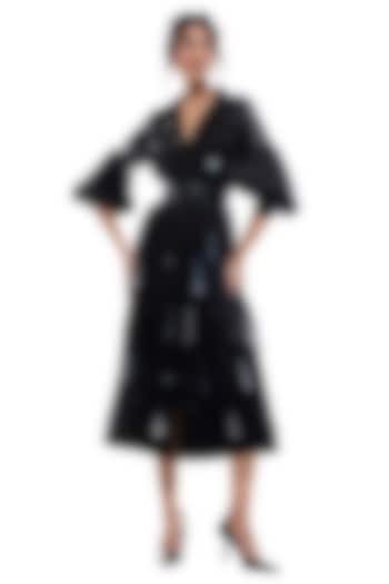 Black Cotton & Faux Leather Circular Embellished Midi Cocktail Dress by Sameer Madan at Pernia's Pop Up Shop