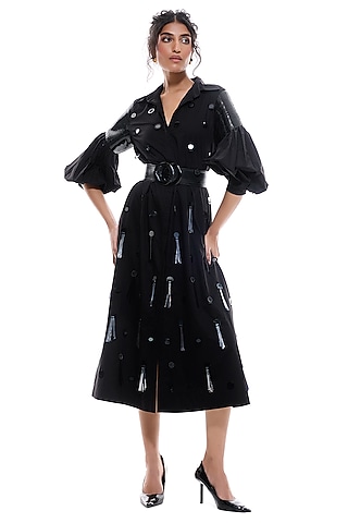 Black Cotton & Faux Leather Circular Embellished Midi Dress by Sameer Madan