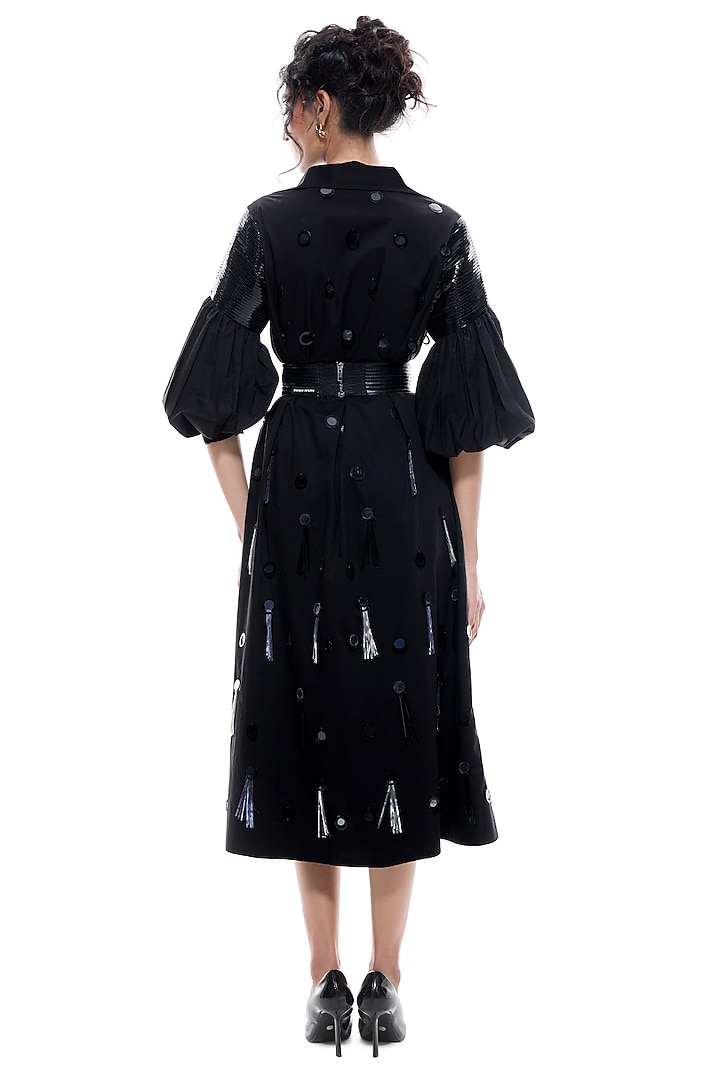 Black Cotton & Faux Leather Circular Embellished Midi Cocktail Dress by Sameer Madan at Pernia's Pop Up Shop