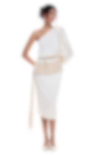 Cream Faux Leather & Luxury Satin One-Shoulder Cocktail Dress by Sameer Madan at Pernia's Pop Up Shop