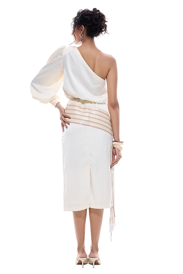 Cream Faux Leather & Luxury Satin One-Shoulder Cocktail Dress by Sameer Madan at Pernia's Pop Up Shop
