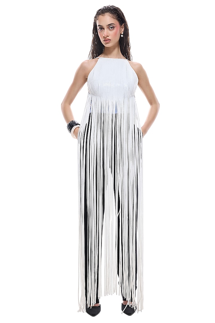 White Faux Leather & Crepe Jumpsuit by Sameer Madan at Pernia's Pop Up Shop