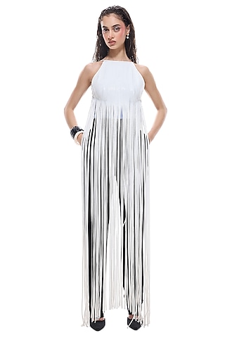 White Faux Leather & Crepe Jumpsuit by Sameer Madan