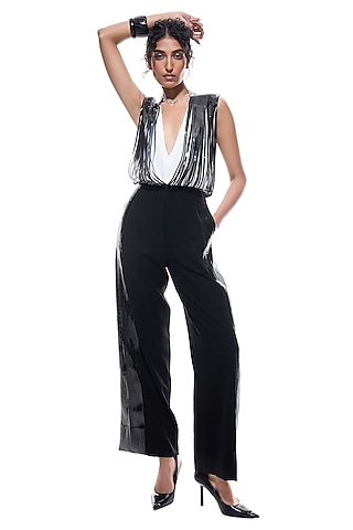 Black & White Faux Leather Jumpsuit by Sameer Madan
