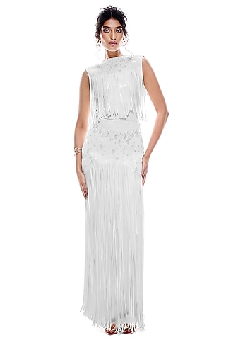 White Faux Leather & Jersey Hand Embroidered Bodysuit by Sameer Madan