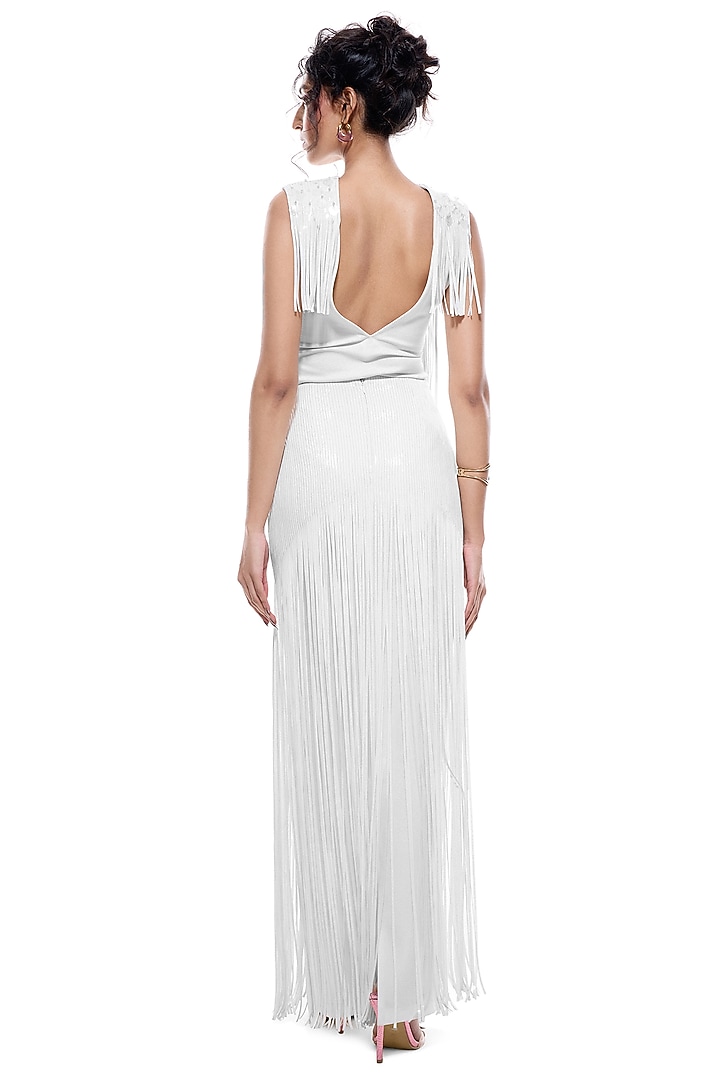 White Faux Leather & Jersey Hand Embroidered Bodysuit by Sameer Madan at Pernia's Pop Up Shop