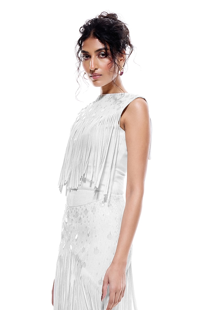 White Faux Leather & Jersey Hand Embroidered Bodysuit by Sameer Madan at Pernia's Pop Up Shop
