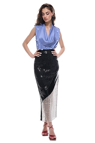 Periwinkle Blue Luxury Satin  Circular Embellished Bodysuit by Sameer Madan