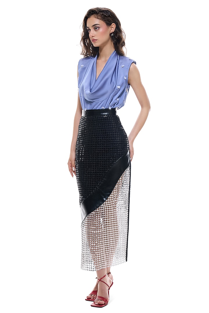 Periwinkle Blue Luxury Satin Circular Embellished Bodysuit by Sameer Madan at Pernia's Pop Up Shop