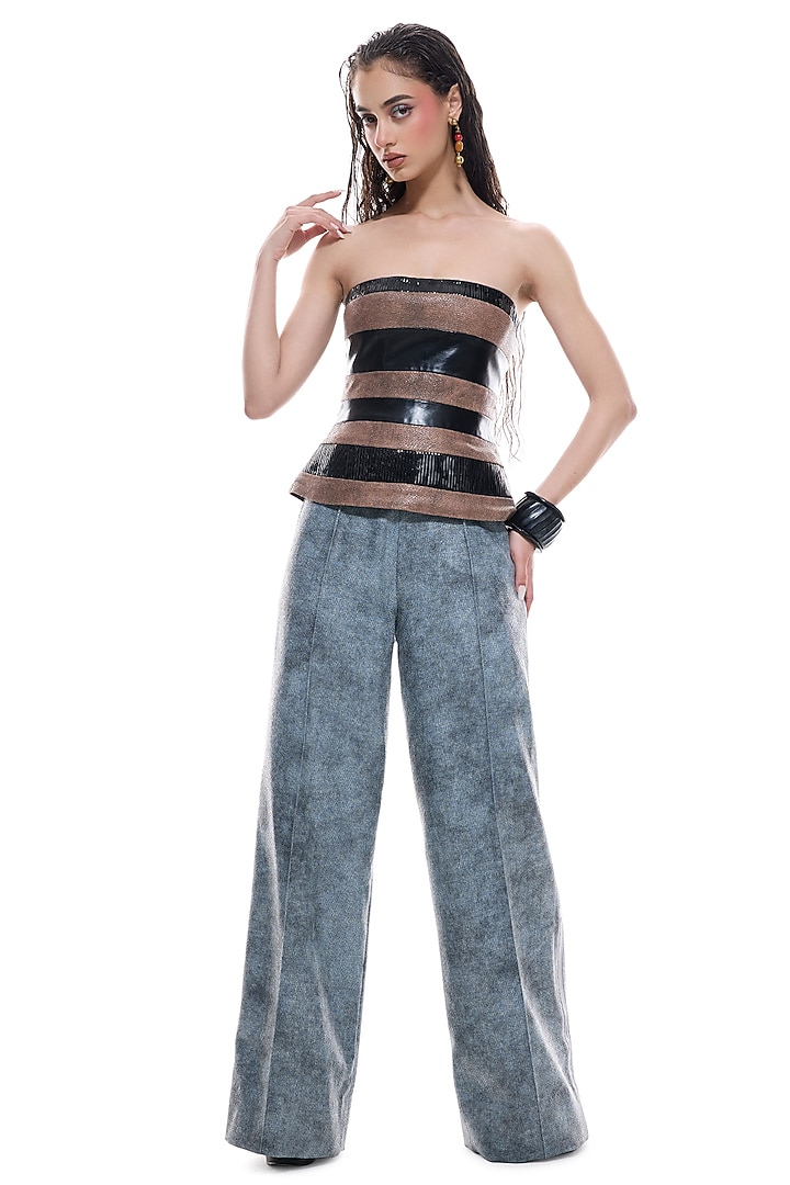 Black & Brown Faux Leather One-Shoulder Top by Sameer Madan at Pernia's Pop Up Shop