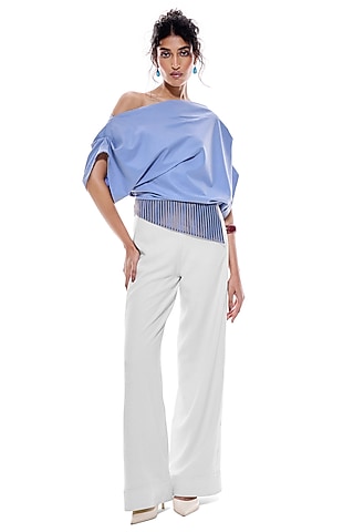 Periwinkle Blue Cotton & Faux Leather One-Shoulder Top by Sameer Madan