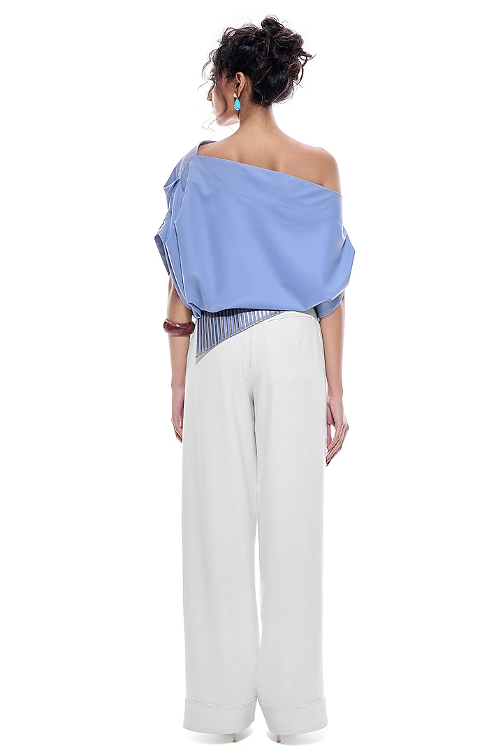 Periwinkle Blue Cotton & Faux Leather One-Shoulder Top by Sameer Madan at Pernia's Pop Up Shop