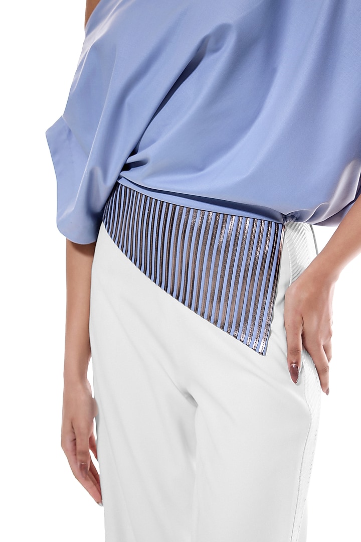 Periwinkle Blue Cotton & Faux Leather One-Shoulder Top by Sameer Madan at Pernia's Pop Up Shop