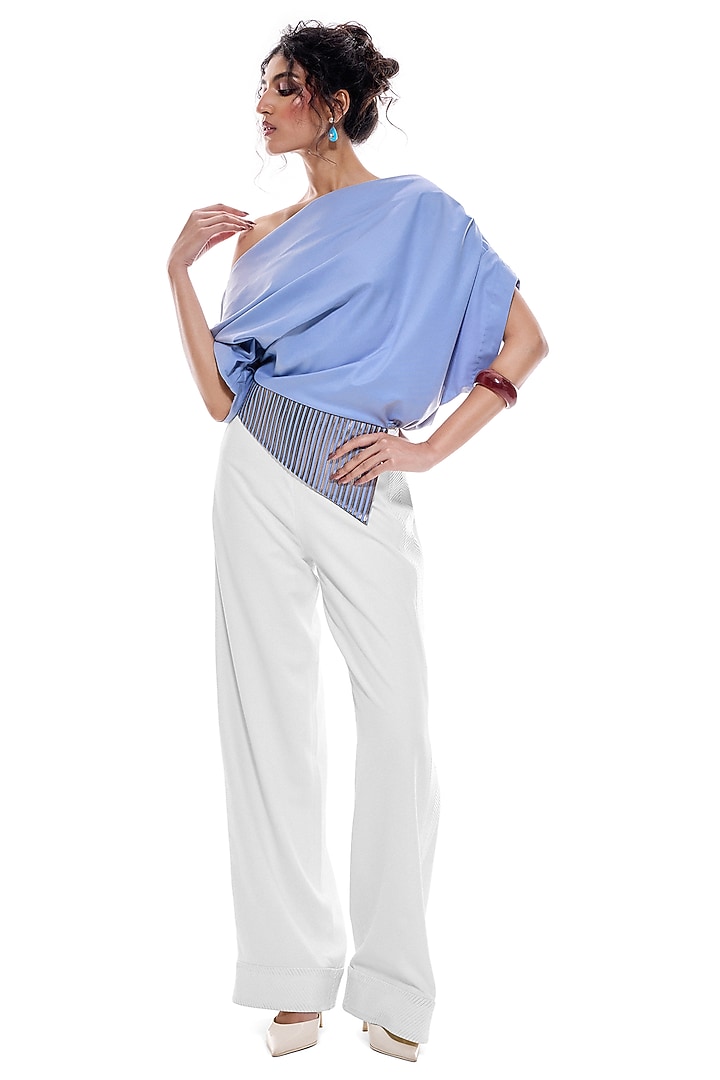 Periwinkle Blue Cotton & Faux Leather One-Shoulder Top by Sameer Madan at Pernia's Pop Up Shop