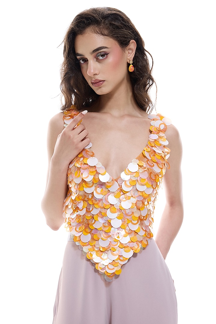 Orange Crepe Sequins Hand Embroidered Top by Sameer Madan at Pernia's Pop Up Shop