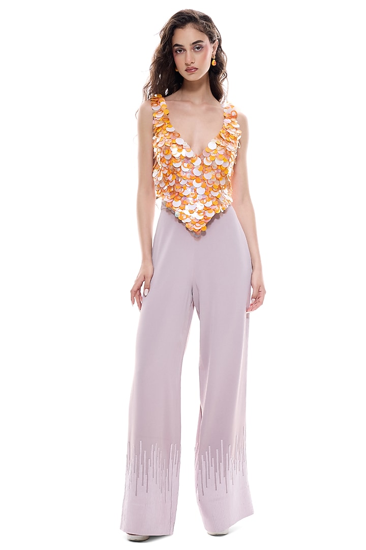 Orange Crepe Sequins Hand Embroidered Top by Sameer Madan at Pernia's Pop Up Shop