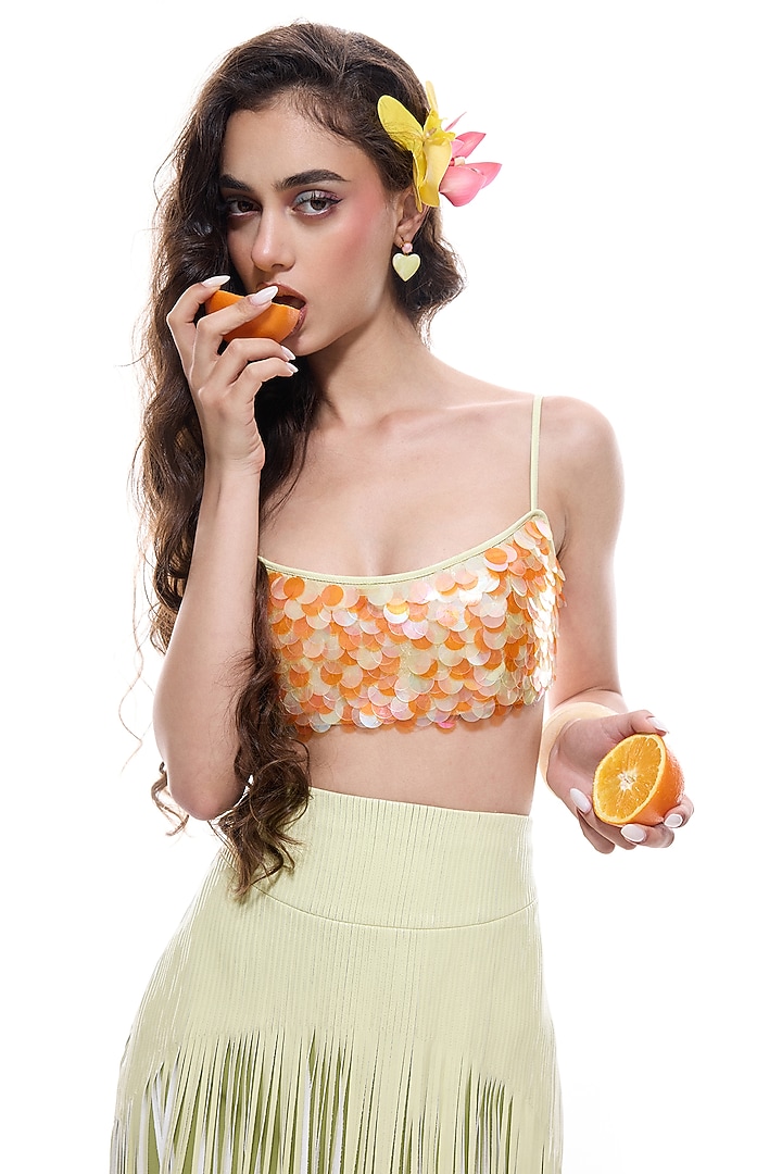 Orange Crepe Sequins Hand Embroidered Bralette by Sameer Madan at Pernia's Pop Up Shop