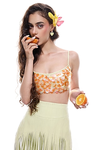 Orange Crepe Sequins Hand Embroidered Bralette by Sameer Madan