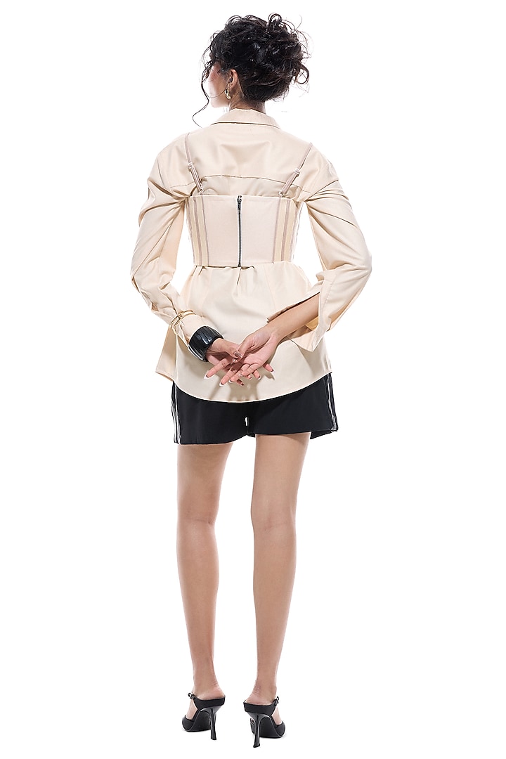 White Crepe & Faux Leather Corset Top by Sameer Madan at Pernia's Pop Up Shop