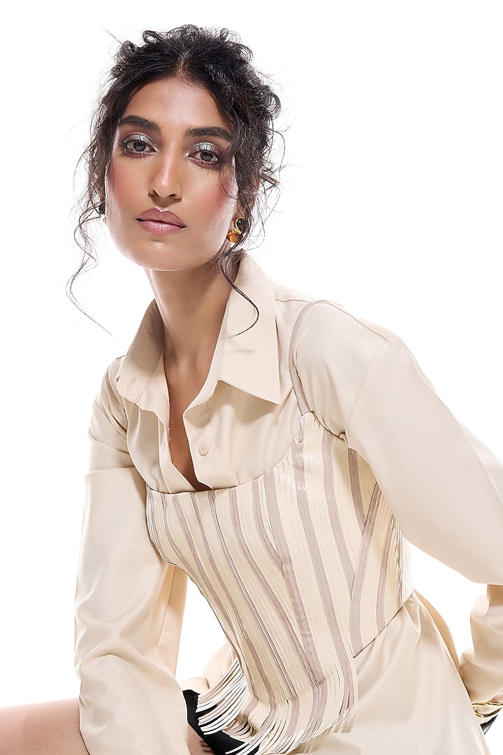 White Crepe & Faux Leather Corset Top by Sameer Madan at Pernia's Pop Up Shop