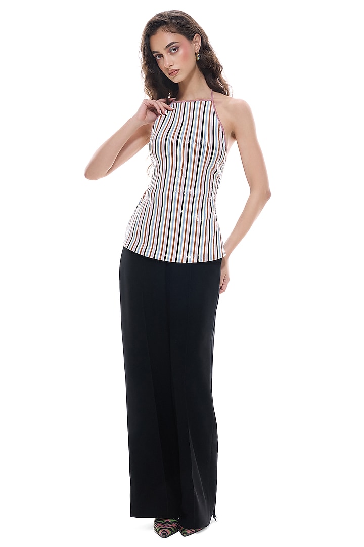 Multi-Colored Crepe & Faux Leather Halter Top by Sameer Madan at Pernia's Pop Up Shop