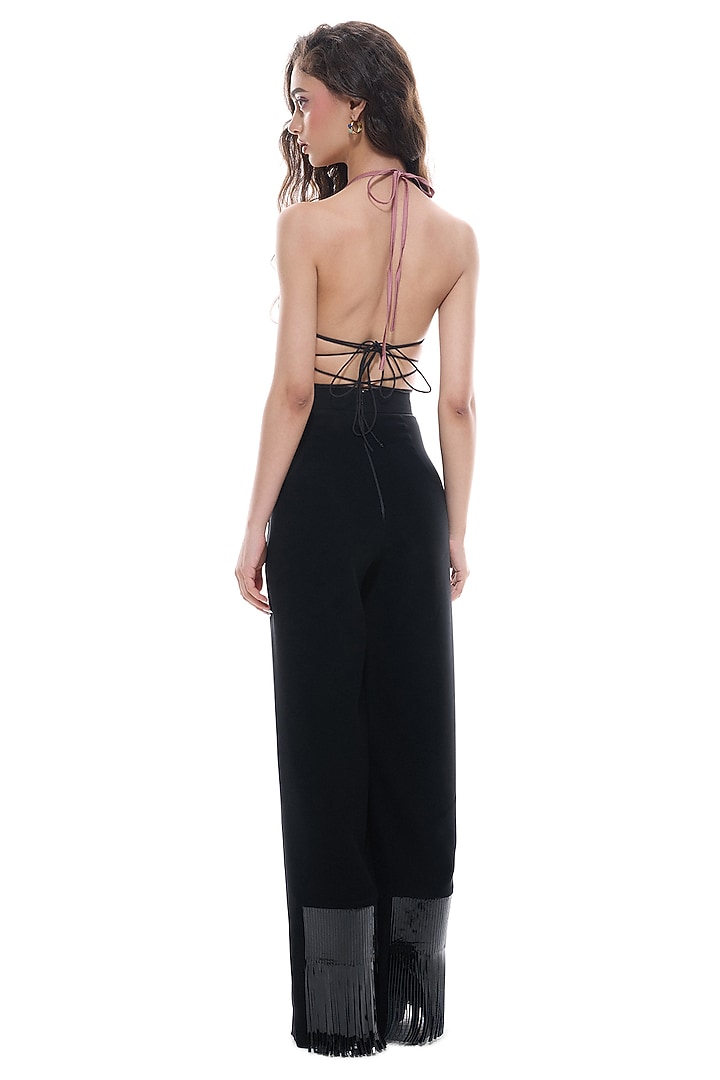 Multi-Colored Crepe & Faux Leather Halter Top by Sameer Madan at Pernia's Pop Up Shop