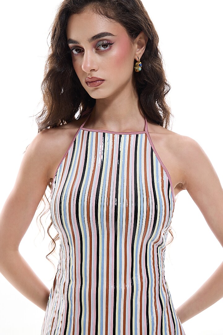 Multi-Colored Crepe & Faux Leather Halter Top by Sameer Madan at Pernia's Pop Up Shop