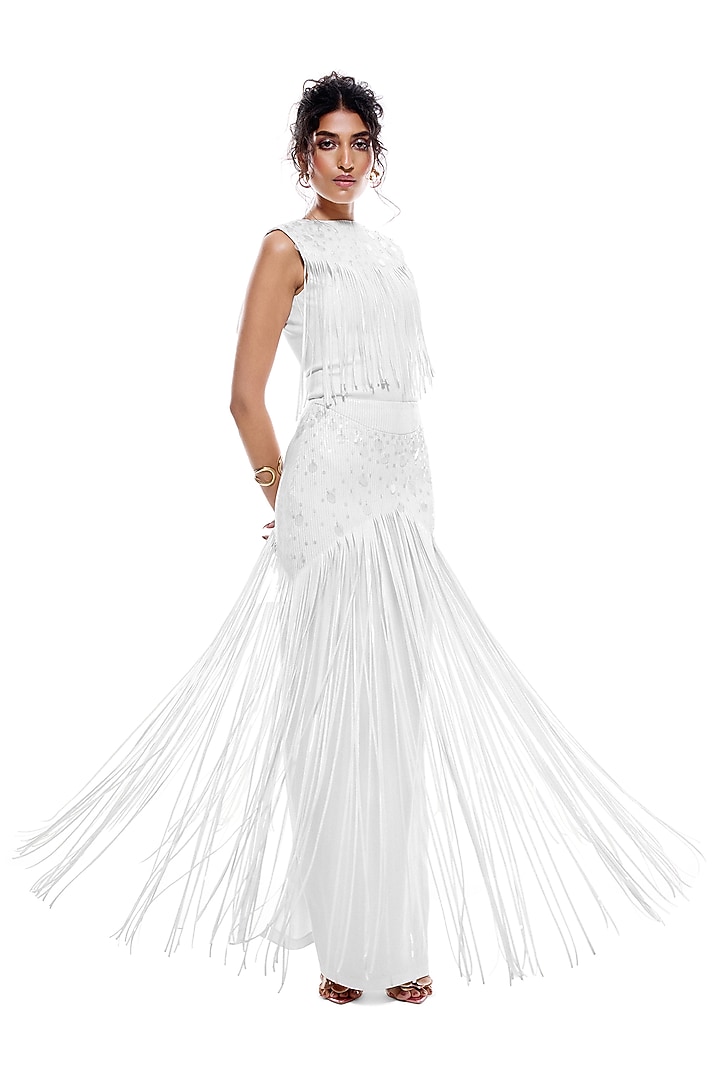 White Faux Leather & Jersey Hand Embroidered Skirt by Sameer Madan at Pernia's Pop Up Shop