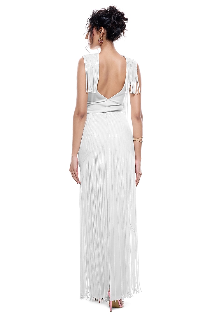 White Faux Leather & Jersey Hand Embroidered Skirt by Sameer Madan at Pernia's Pop Up Shop