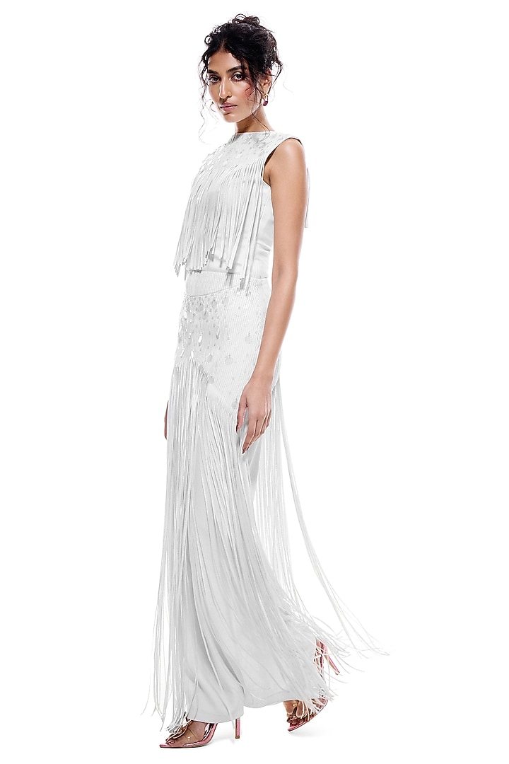 White Faux Leather & Jersey Hand Embroidered Skirt by Sameer Madan at Pernia's Pop Up Shop