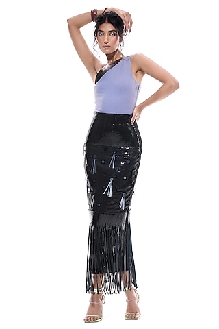 Black Crepe & Sequins Embroidered Pencil Skirt by Sameer Madan