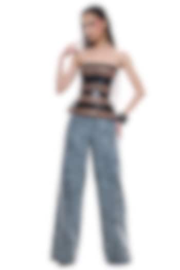 Periwinkle Blue & Brown Faux Leather Trousers by Sameer Madan at Pernia's Pop Up Shop