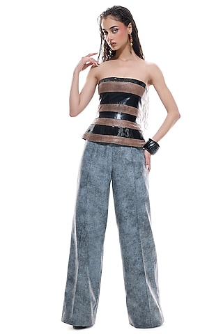 Periwinkle Blue & Brown Faux Leather Trousers by Sameer Madan
