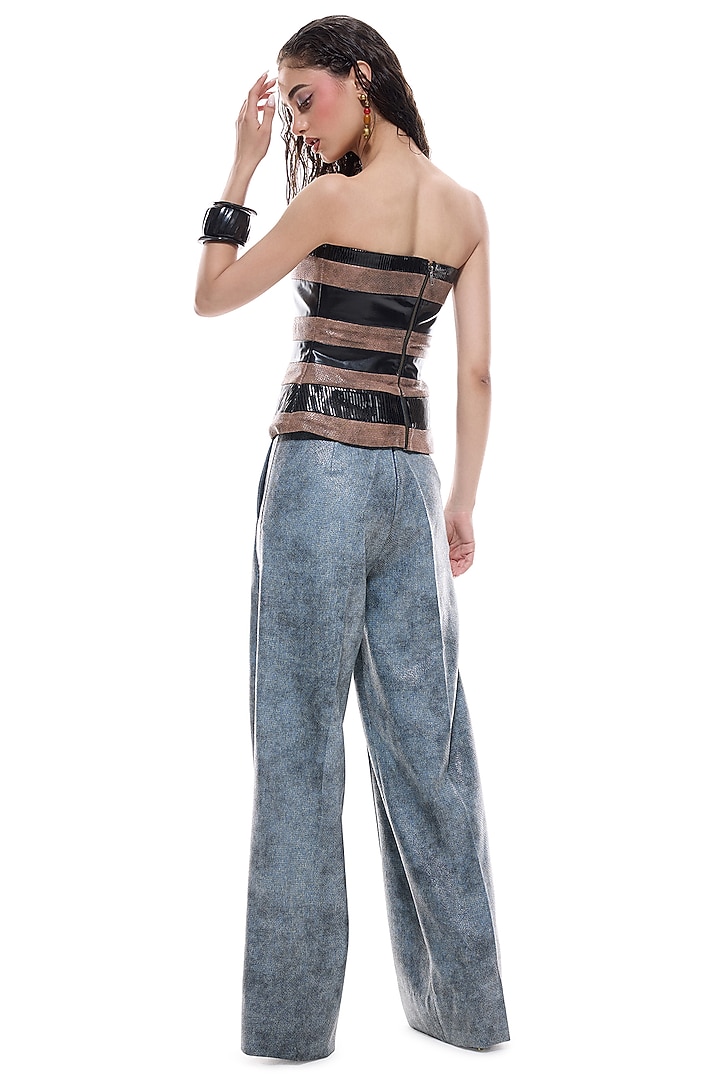 Periwinkle Blue & Brown Faux Leather Trousers by Sameer Madan at Pernia's Pop Up Shop