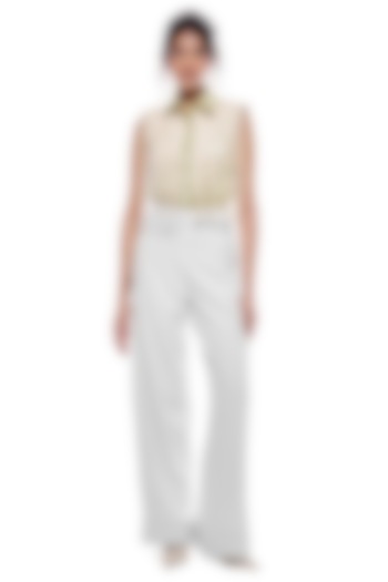White Faux Leather & Crepe Trousers by Sameer Madan at Pernia's Pop Up Shop