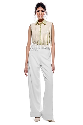 White Faux Leather & Crepe Trousers by Sameer Madan