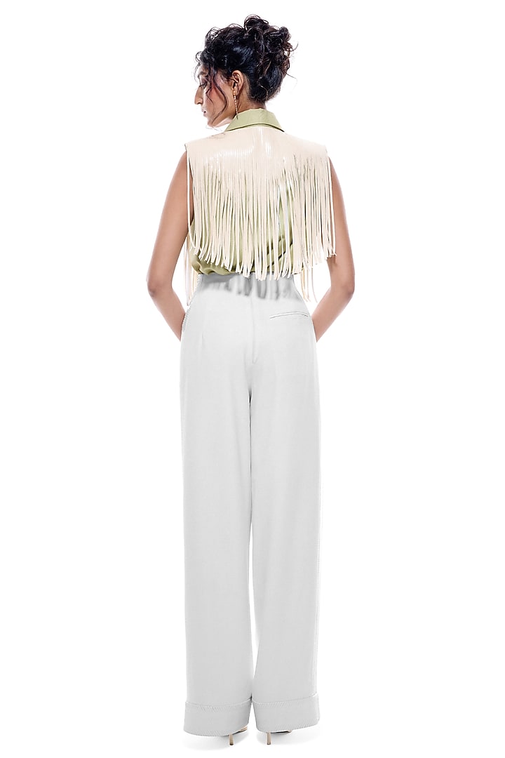 White Faux Leather & Crepe Trousers by Sameer Madan at Pernia's Pop Up Shop