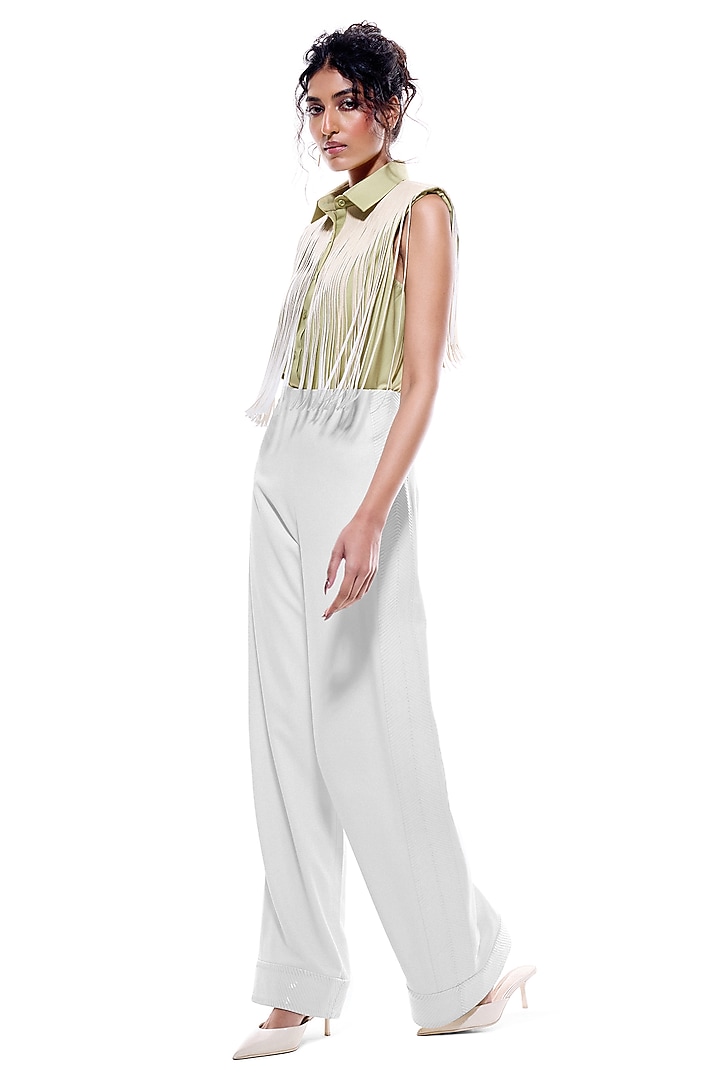 White Faux Leather & Crepe Trousers by Sameer Madan at Pernia's Pop Up Shop